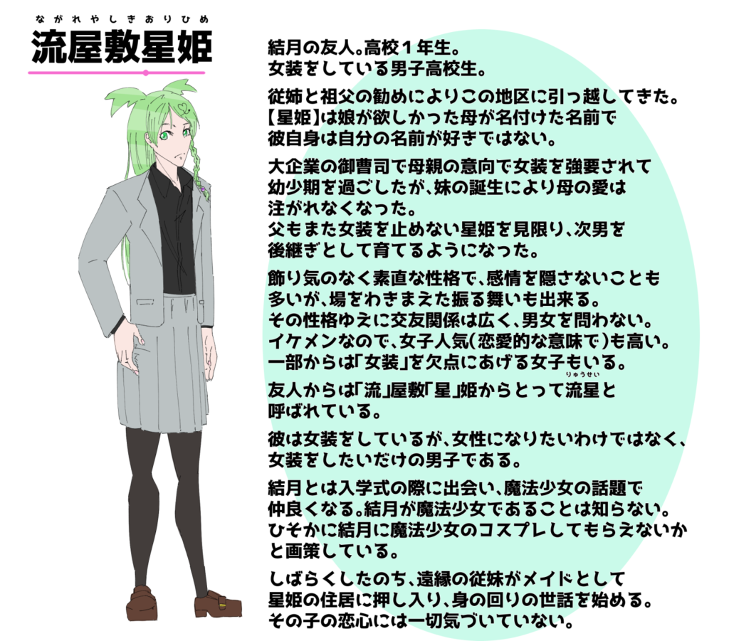 結月の友人。高校1年生。
女装をしている男子高校生。
親元から離れたくて、従姉と祖父の勧めによりこの地区に単身で引っ越してきた。
星姫という名前は好きではなく、友人たちからは【流】屋敷【星】姫からとって「流星(りゅうせい)」と呼ばれている。そんなことはお構いなしに「姫ちゃん」と呼んでる女がいるらしい。※結月
大企業の社長の息子だったが、娘が欲しかった母親のエゴにより「星姫(おりひめ)」と名付けられ、女装を強要されて育った。長女が産まれると母は娘にかかりきりになり、母の愛は失った。
父からは後継ぎとして育てたかったが、いくら言っても止めない女装にあきれ果て、後に産まれた次男を後継ぎとして教育し始めた。
最低でも恥を塗るなと言われたが、無視して一人暮らしを始めた。
そんな星姫だが妹弟からは好かれている。一人暮らしを始めると伝えた時は泣きつかれたほど。
彼は飾り気がなく、物事を素直に楽しめる性格をしている。
感情をそのままぶつけることも少なくないが、抑えるべき時にはしっかり抑えられる。
女装していることで奇異な目で見られることもあったし、暴言吐かれた経験もある。しかし、彼自身好きなことをやってることに負い目は一切ないので、堂々としている。
女装をしているからと言って女性になりたいわけでもないので、「女性らしいしぐさ」等というものは全く考えていない。服装に合わせるために化粧はすることはあるらしい。
親とはこじれているものの教育はいいらしく、ところどころに育ちの良さを感じられる。
裏表の少ない(というより裏は一切見えない)ので男女問わず交友関係は広く、信頼されている。
また、顔はすっごいイケメン(重要)なので、女子人気はかなり高い。一部女子からは「女装をしていなければ…」と思われている。
引っ越して早々、魔法少女のパフォーマンスが近くで行われており観戦。
その際トラブルが発生して危険に見舞われてしまうが、すんでのところで結月(魔法少女時)に助けられる。その際の動きが綺麗で魅了されたことから一目ぼれ。ファンとなった。
その魔法少女の正体が結月とは知らないため、結月とは魔法少女ファン友達として接している。
しかし、その魔法少女と結月の体型が似ていることから結月にコスプレしてもらえないだろうかと画策している。(気づいていない)
後日、遠縁の従妹(同い年)が星姫のところに押し入って同棲し始め、身の回りのお世話をしてくるようになる。
その子はあわよくば星姫の嫁になろうとしているうえ、星姫と仲のいい結月を快く思っていないので、意地悪を仕掛けるがその度に星姫に怒られることに。